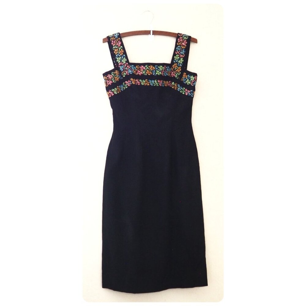 Vintage Anne Fogarty 1950s 60s Black Sleeveless Floral Embroidered Dress